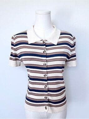 MAX Striped Knit Polo Top Cream Brown Blue Y2K